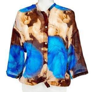 Italian Abstract Floral Silk Blend Tie Front Blouse Blue Brown Artsy Boho Luxe
